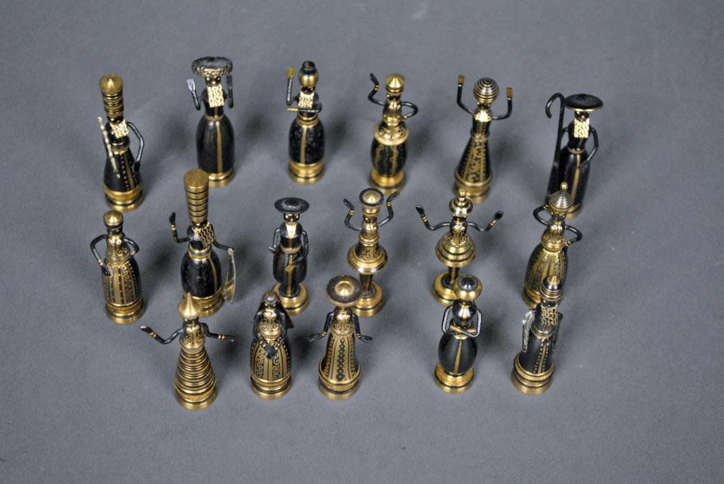 COLLECTION OF 17 MINIATURE BIBLICAL FIGURES: in black and gold painted brass, tallest 2.5in.