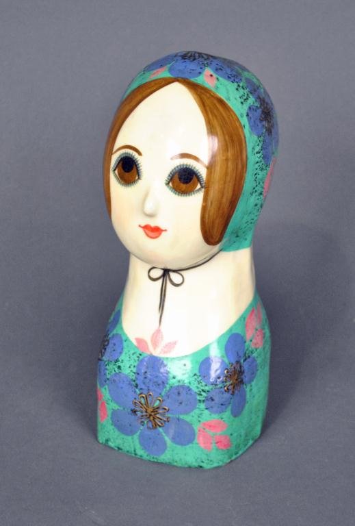GEMMA TACCOGNA PAPIER MACHE HEAD/HAT OR WIG STAND: signed under base, Mexico, 10in.