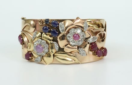 RETRO DIAMOND, RUBY & SAPPHIRE BANGLE BRACELET