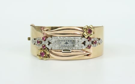 RETRO DIAMOND & RUBY BANGLE WATCH
