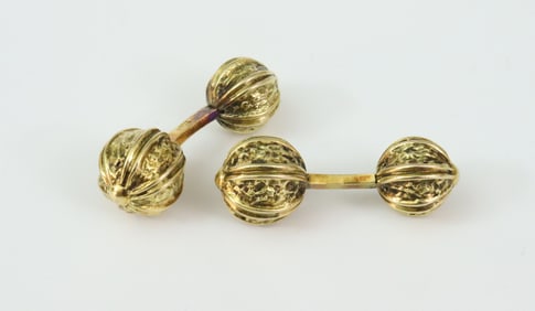 PAIR 14K GOLD NUGGET BALL CUFFLINKS