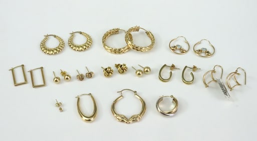 (10) PAIRS GOLD EARRINGS PLUS 4 SINGLES, MOST 14K