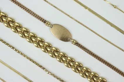 (8) GOLD LINK BRACELETS, MOST 14K