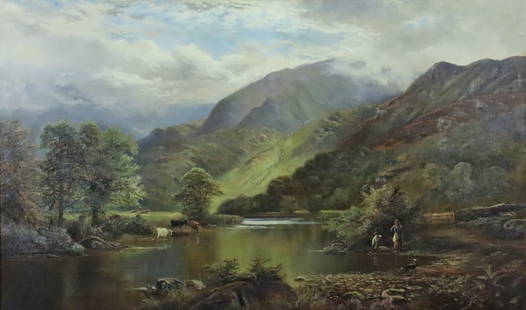 CHARLES FRANCOIS DAUBIGNY (French, 1817-1878): mountainous landscape view with figures, a dog and cows alongside a stream, large oil on canvas, signed 'Daubigny 1871' (lower right below fence and stone wall), affixed artist placard, overall good c