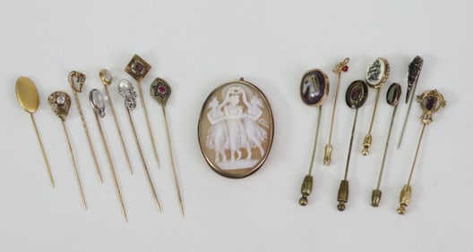 (15) GOLD & COSTUME STICKPINS AND A CAMEO