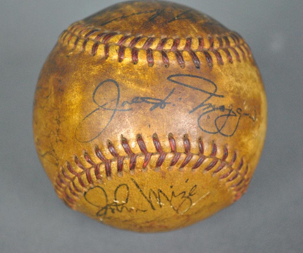 JOE DIMAGGIO 1949/50 NY YANKEES SIGNED TEAM BALL: together with three other autographed balls including a Spaulding ball signed by Monte Irvin, a NY Mets ball signed by Monte Irvin and Felix Millan, and an American League Bobby Brown ball signed by L