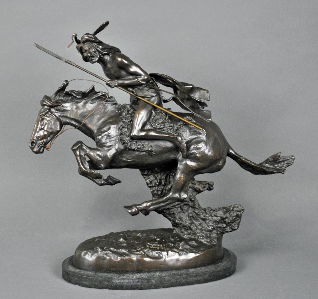 AFTER FREDERIC REMINGTON - CHEYENNE: bronze sculpture, on marble base, signed 'Copyright Frederick Remington / RRBW / USA', 22x23in.