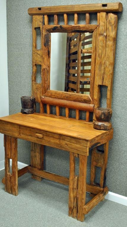 ADIRONDACK DRESSING TABLE: single unit with mirror back, center drawer, 70x40x19in. Purchased in the Adirondacks, upstate New York, in the 1970's.