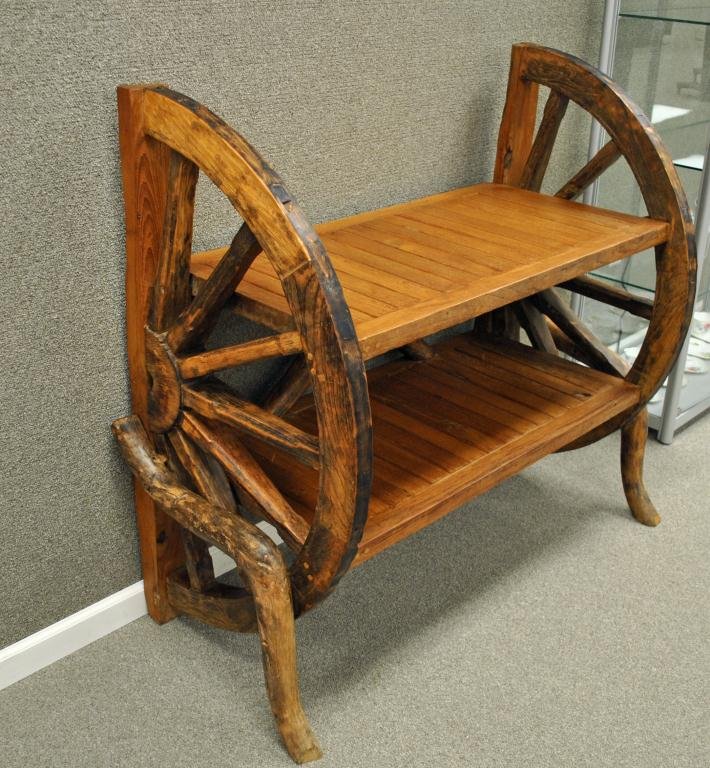 ADIRONDACK TWO-TIER WAGON-WHEEL SERVER: unusual unit with wagon wheel sides, 45x47x24in. Purchased in the Adirondacks, upstate New York, in the 1970's.