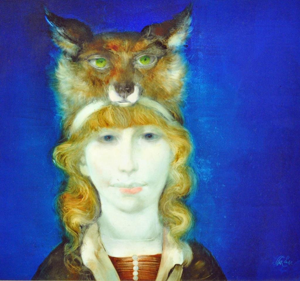 GIRL IN FOX HEADDRESS: masonite on plywood, likely tempera, signed illegibly, some areas of light moisture staining, small white area (unpainted) at upper left edge, giltwood frame, 16x20in.
