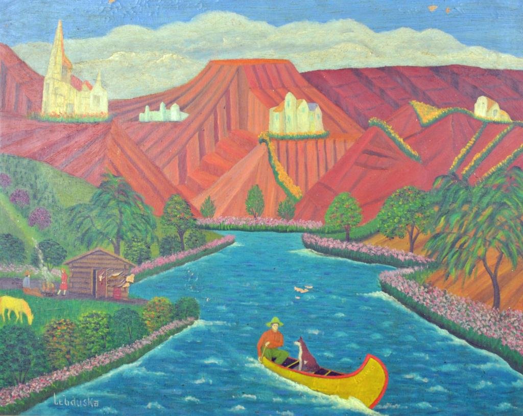 LAWRENCE A. LEBDUSKA (New York, 1894-1966): "Riverside Cabin with Mountains and Canoe", oil on Masonite, signed lower left, significant paint chipping and loss (see photos), 24x30in.