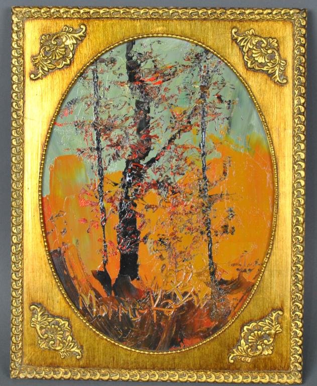 MORRIS KATZ (New York, 1931-2010): "Trees", oil on masonite, signed lower left, oval formatted gold-painted frame, 15.5x11.5in.