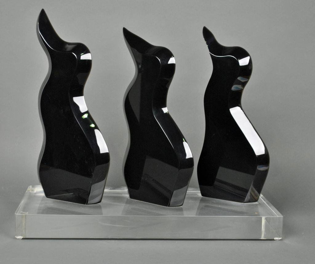 VAN TEAL LUCITE PENGUIN SCULPTURE: clear base with black figures, signed Van Teal, #1/1, 19in.