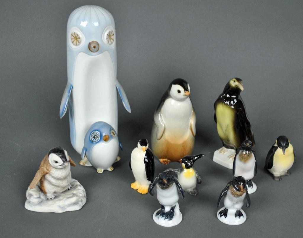 10-PIECE PORCELAIN PENGUIN GROUP: makers include stylized Hungarian, USSR, Royal Dux, Boehm, Goebel and Rosenthal, tallest 10in.