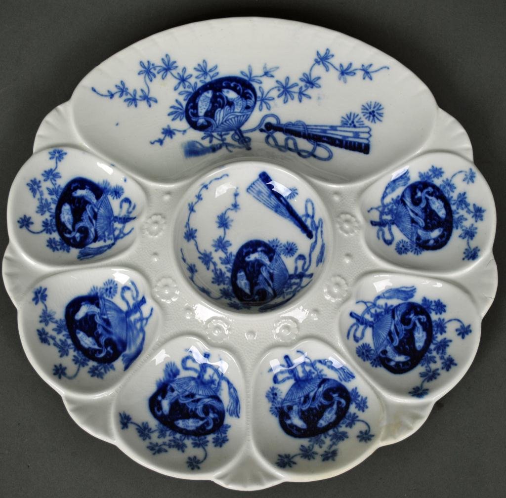 MINTON BLUE & WHITE OYSTER PLATE: in Bombay pattern, some craquelure, two minor line flaws to one edge, 9in.