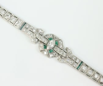 ART DECO PLATINUM DIAMOND & EMERALD BRACELET