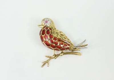 TIFFANY & CO. 18K ENAMEL & DIAMOND BIRD PIN