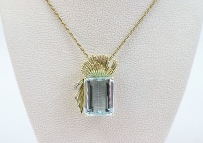 18K AQUAMARINE & DIAMOND PENDANT CLIP WITH CHAIN