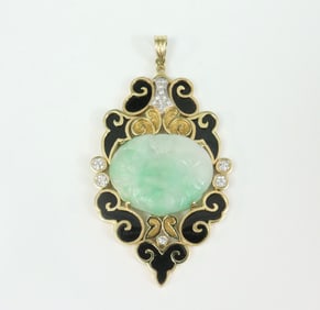 LARGE 14K ONYX, JADE & DIAMOND SCROLLWORK PENDANT