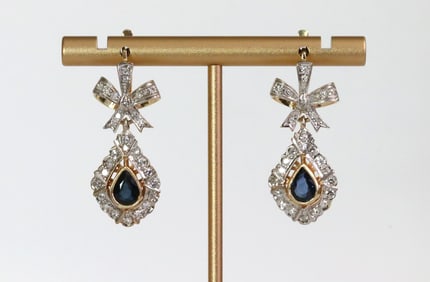 PAIR SOVIET SAPPHIRE & DIAMOND PENDANT EARRINGS