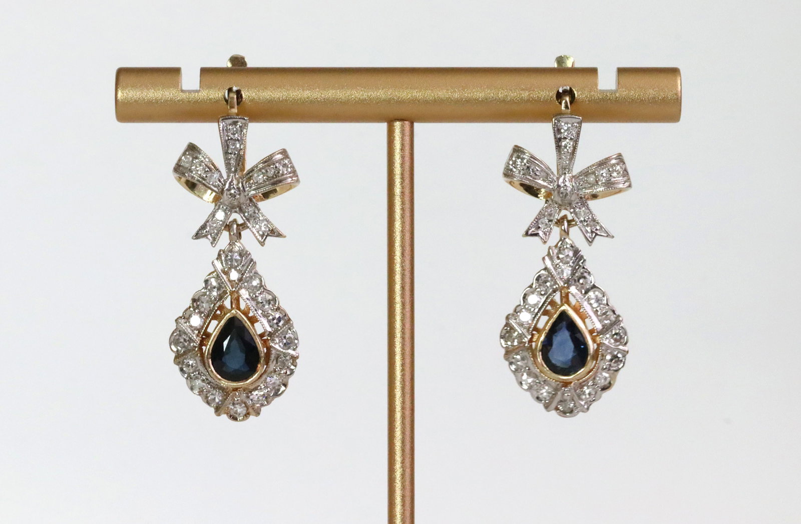 PAIR SOVIET SAPPHIRE & DIAMOND PENDANT EARRINGS (1 of 2)