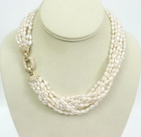 MULTISTRAND FRESHWATER PEARL & DIAMOND NECKLACE