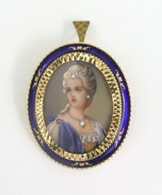 ITALIAN 18K ENAMELED PORTRAIT PIN PENDANT