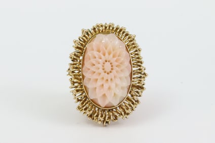 14K CARVED ANGEL SKIN CORAL DINNER RING