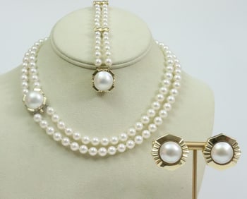 14K PEARL CHOKER, BRACELET & EARRING SUITE