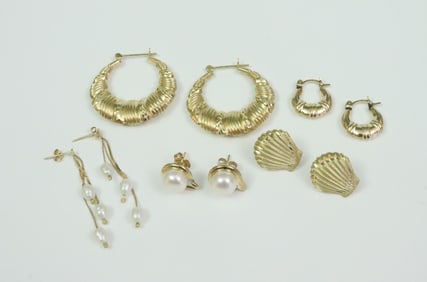 (5) PAIRS GOLD EARRINGS, MOST 14K