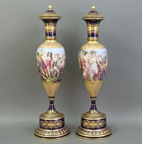 PAIR OF ROYAL VIENNA COVERED URNS BY FRANZ DORFIL
