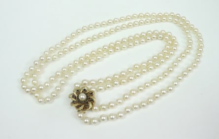 OPERA LENGTH PEARL NECKLACE WITH SAPPHIRE CLASP
