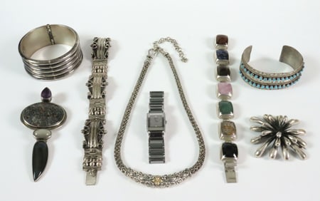 (7) PIECE SILVER JEWELRY GROUP AND A WATCH