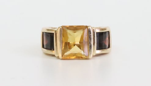 14K RETRO STYLE CITRINE & GARNET RING