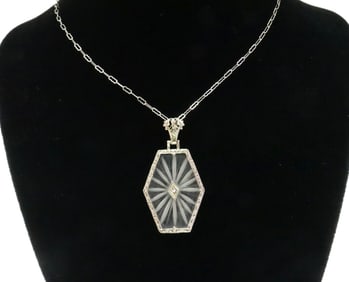 ART DECO 14K ROCK CRYSTAL FILIGREE NECKLACE