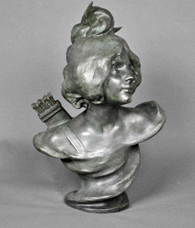 FRENCH SPELTER BUST OF A MAIDEN SIGNED CAUSSE: after Julien Causse, French (1869-1914), 'Made in France' tag, 21in.
