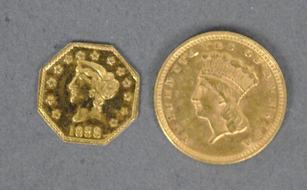 1874 US LIBERTY 1 DOLLAR GOLD COIN: together with an 1858 California octagonal 1/2 token