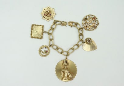 14K GEMSTONE CHARM BRACELET WITH (6) 14K CHARMS