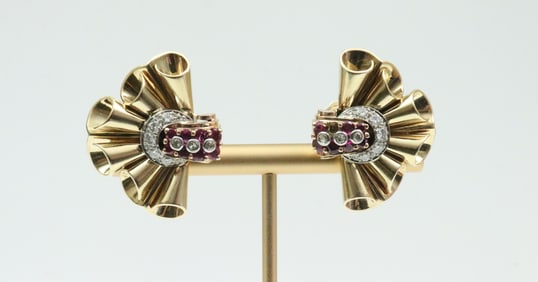 PAIR RETRO 14K DIAMOND & RUBY EAR CLIPS