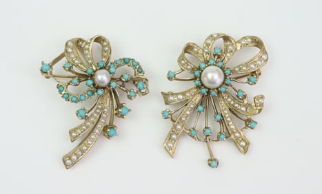 (2) COMPLEMENTARY TURQUOISE & SEED PEARL BROOCHES
