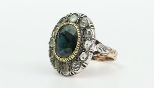 ANTIQUE 14K SAPPHIRE & DIAMOND SILVER-TOP RING