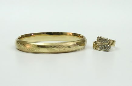 14K SLIDE HINGED BANGLE AND A DIAMOND BYPASS RING