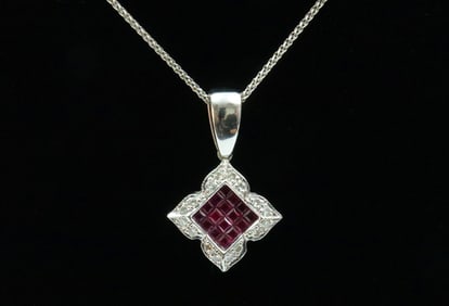 18K RUBY & DIAMOND PENDANT ON 14K CHAIN