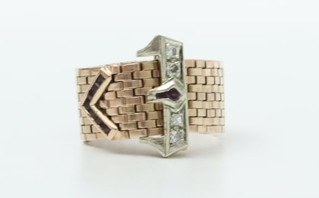 RETRO 14K RUBY & DIAMOND MESH LINK BUCKLE RING