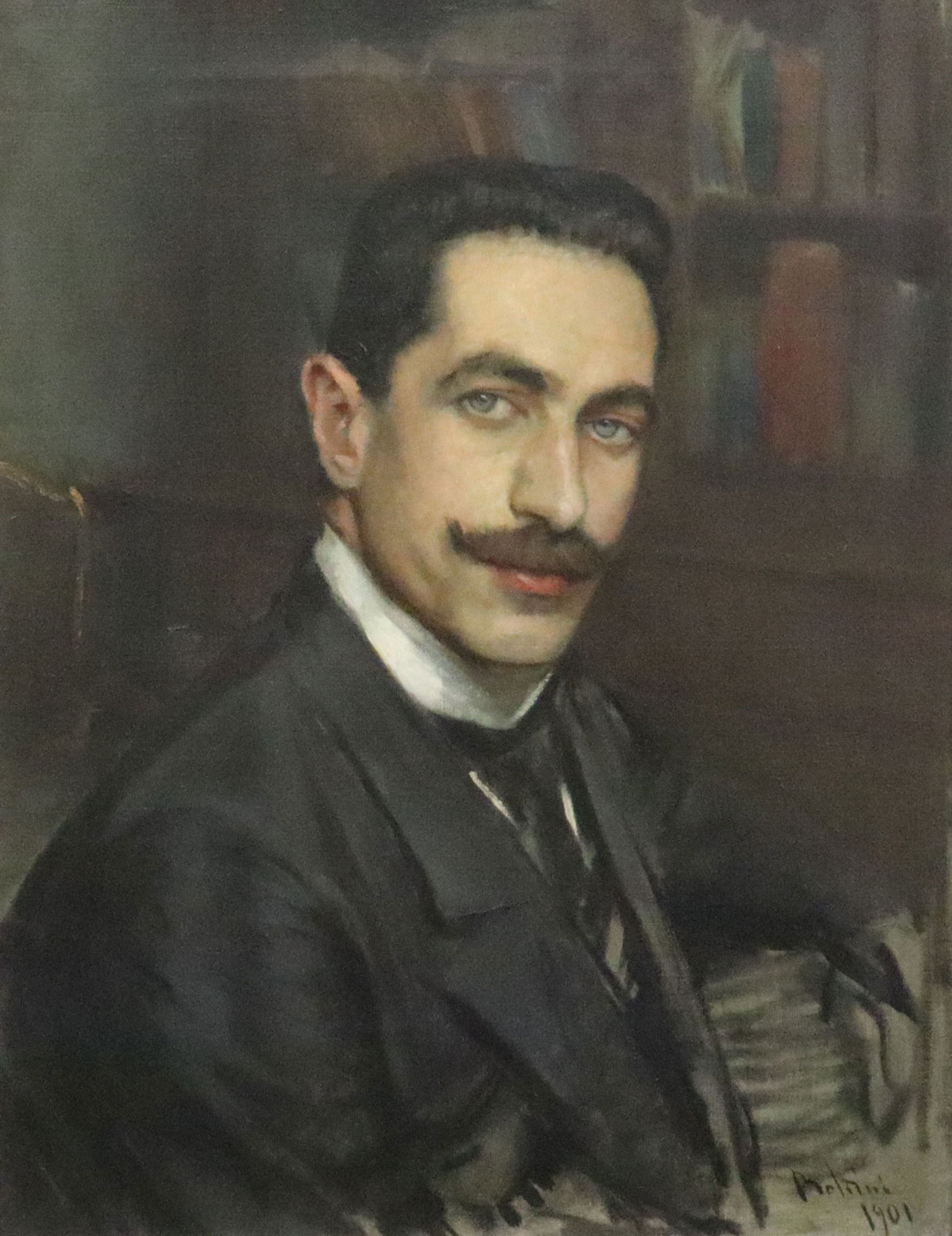 GIOVANNI BOLDINI (Italy/France, 1842-1931): portrait of a mustached gent, oil on canvas, signed and dated 1901 (lower right), stretcher with Florence customs ink stamp, along with a partial pen and ink label, UV light reveals several minor area