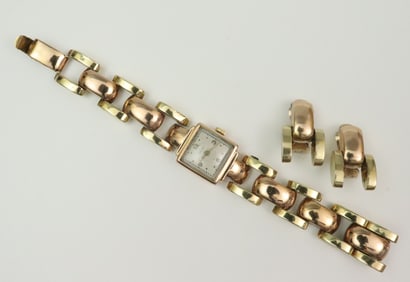 14K RETRO BRACELET WATCH W/MATCHING EAR CLIPS