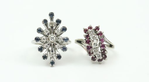 (2) 14K SAPPHIRE & RUBY CLUSTER RINGS
