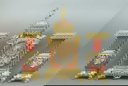 FRENCH TIFFANY & CO. CHAMPLEVE CLOCK GARNITURE