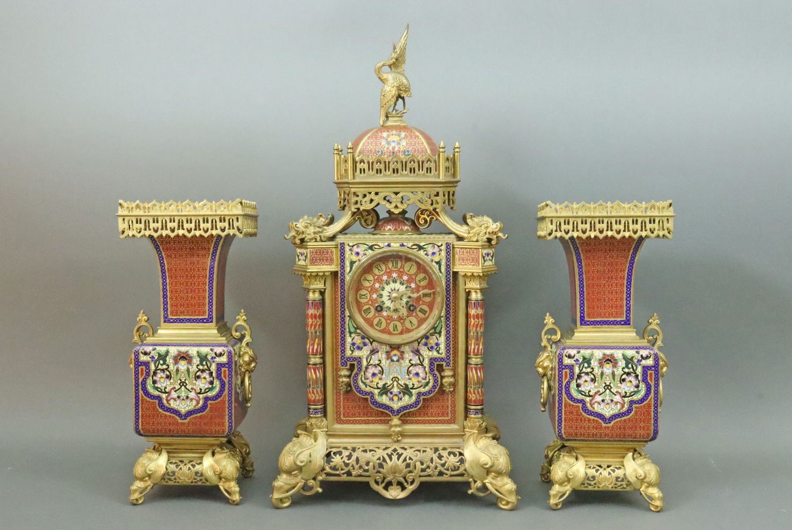 FRENCH TIFFANY & CO. CHAMPLEVE CLOCK GARNITURE (1 of 13)
