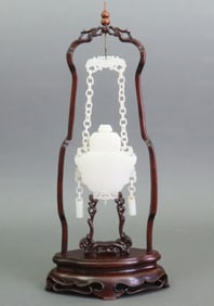 CHINESE WHITE NEPHRITE JADE HANGING VASE W/STAND